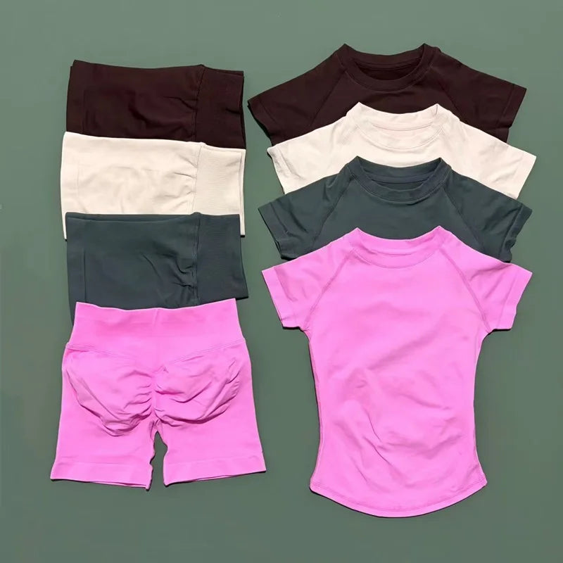 2 Pcs Gym Sets Short Sleeve Seamless
