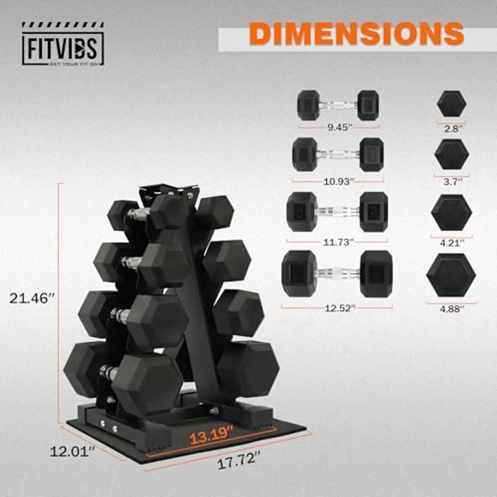 Dumbbell Set with Storage Rack, Rubber Coated Hex