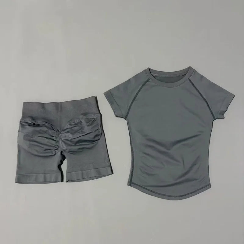 2 Pcs Gym Sets Short Sleeve Seamless