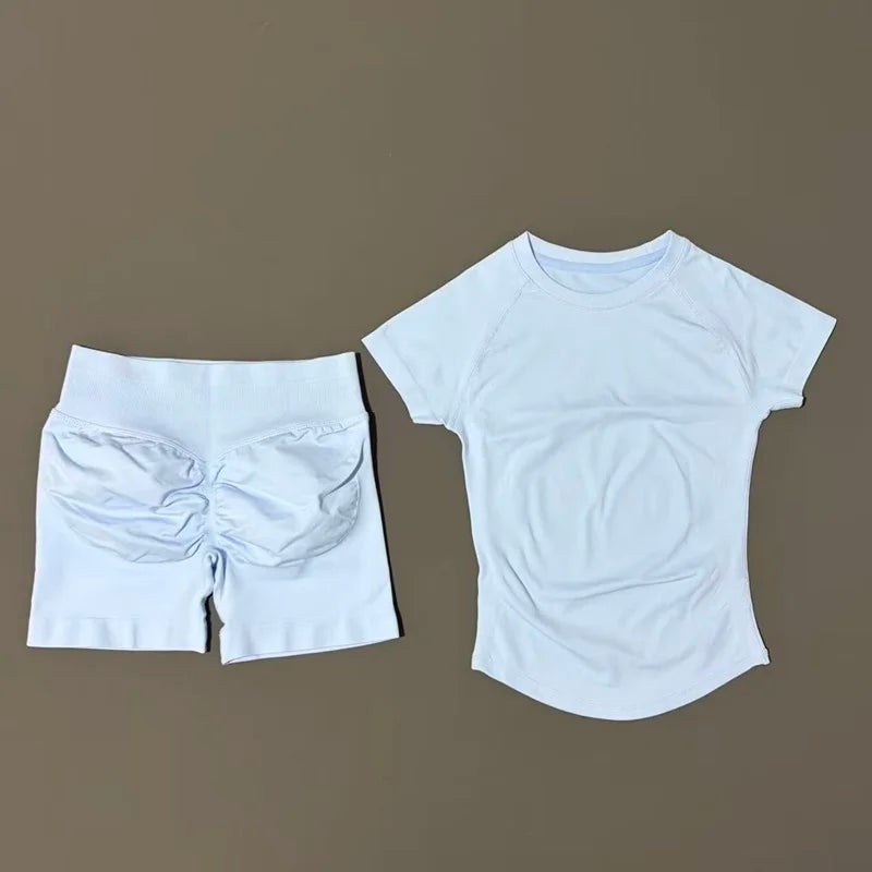 2 Pcs Gym Sets Short Sleeve Seamless