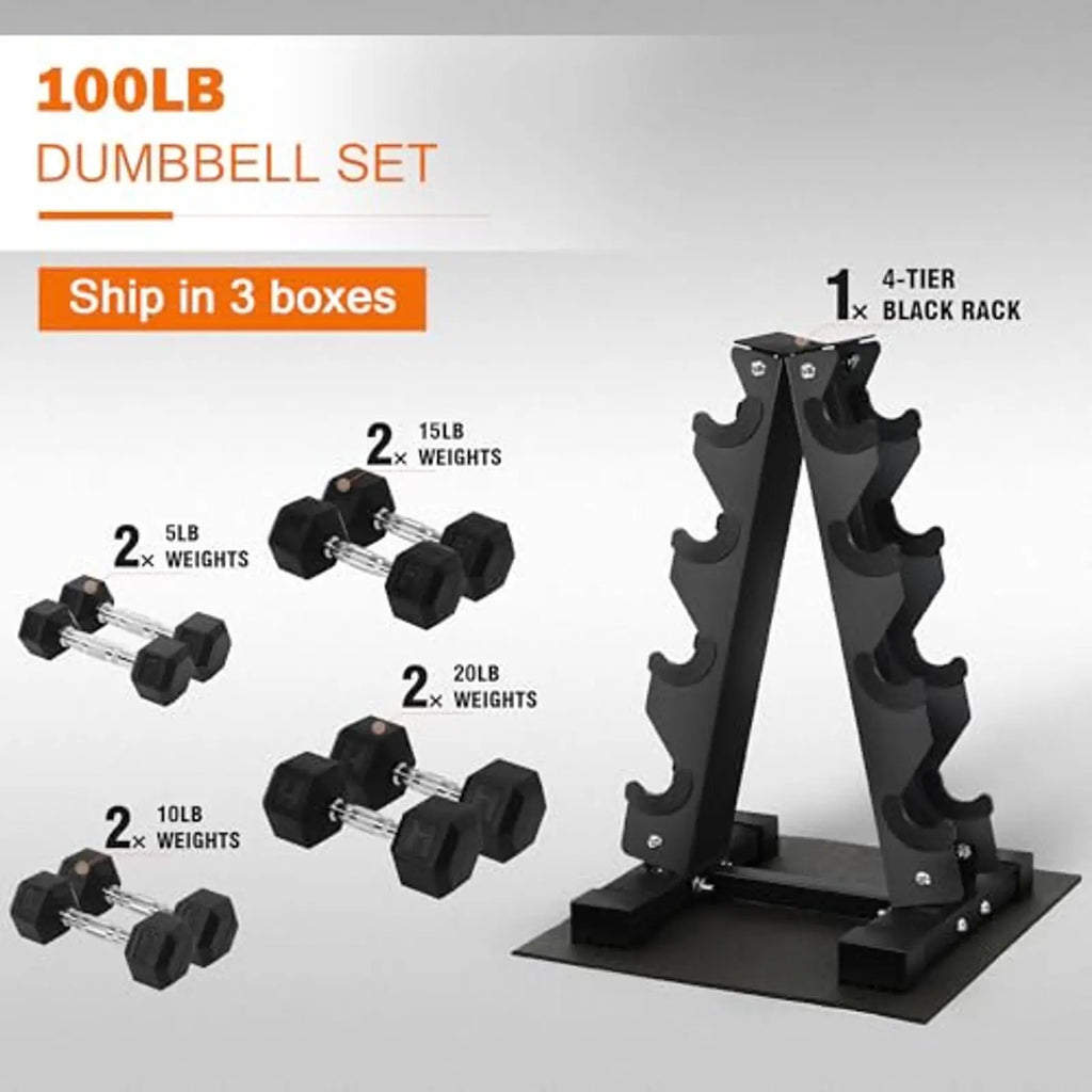 Dumbbell Set with Storage Rack, Rubber Coated Hex