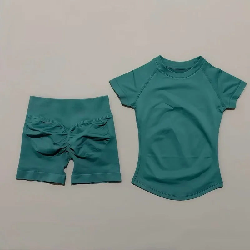 2 Pcs Gym Sets Short Sleeve Seamless