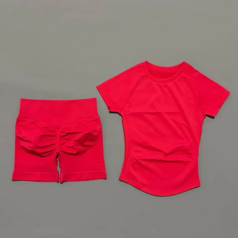 2 Pcs Gym Sets Short Sleeve Seamless